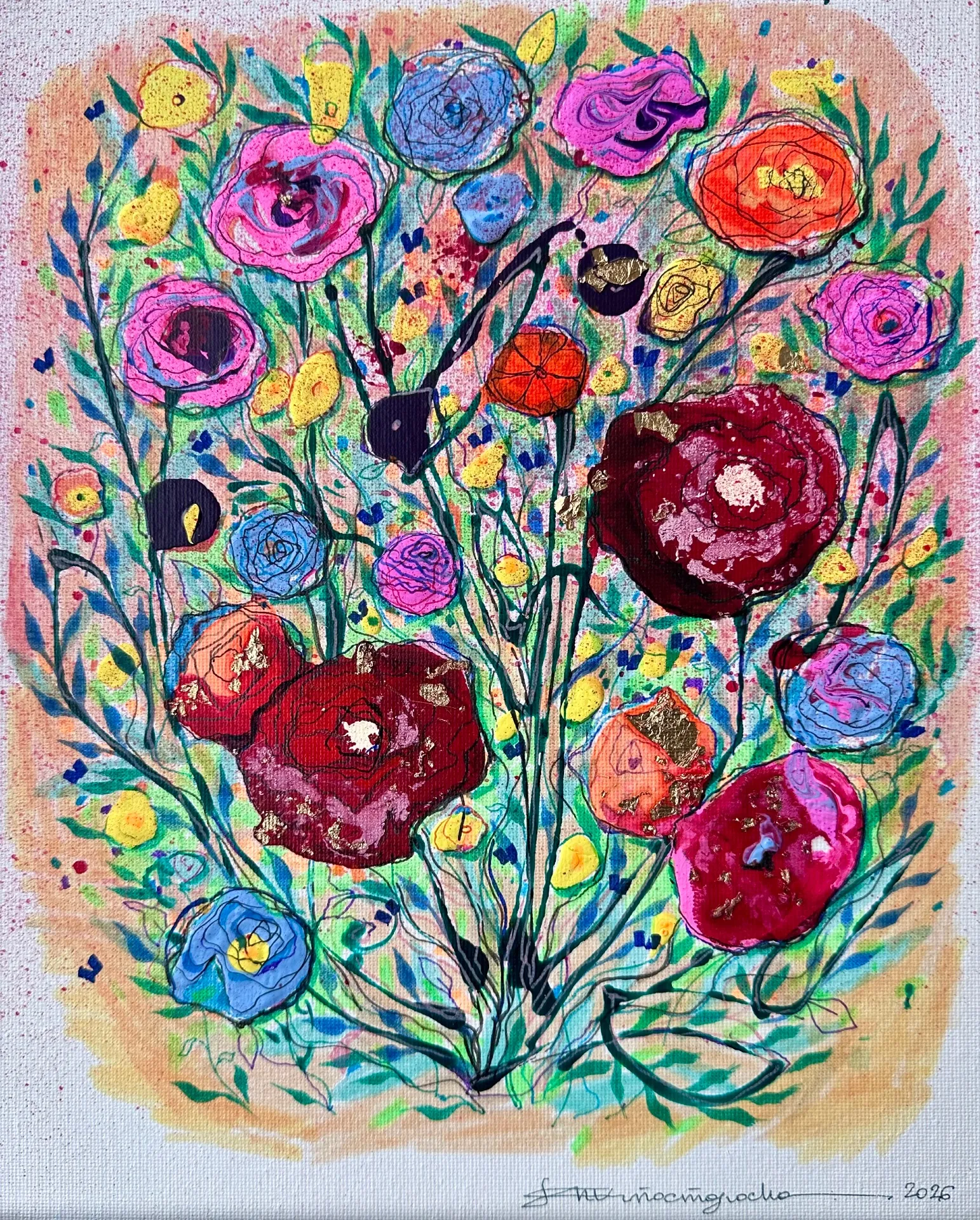 Six paintings of Flowers — Maja Apostoloska, acrylic print, 24 karat gold — 2