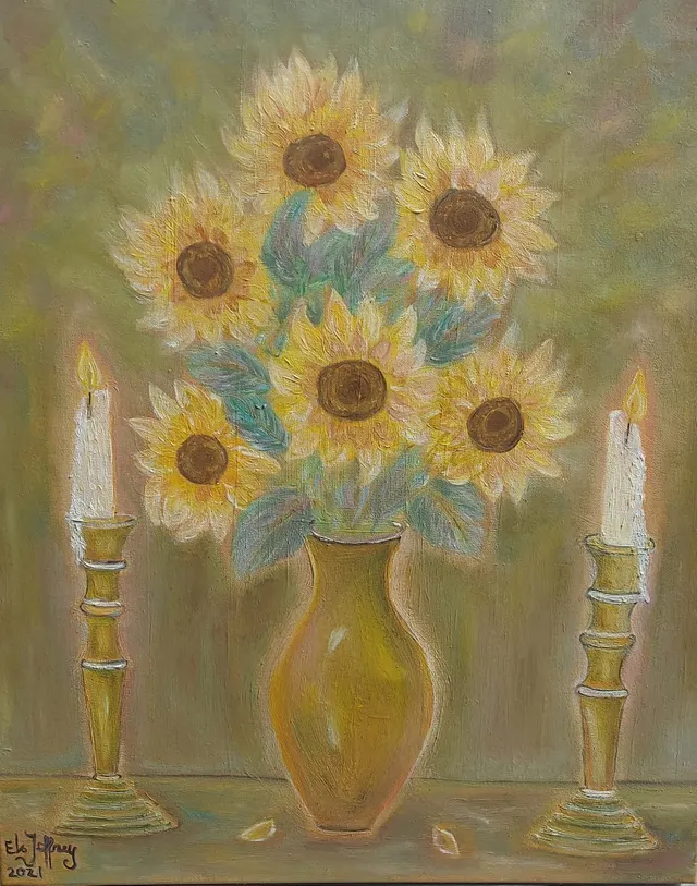 Zonnebloemen bij kaarslicht/ Sunflowers by candlelight
