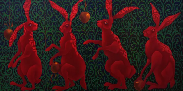 Red rabbits collect golden apples