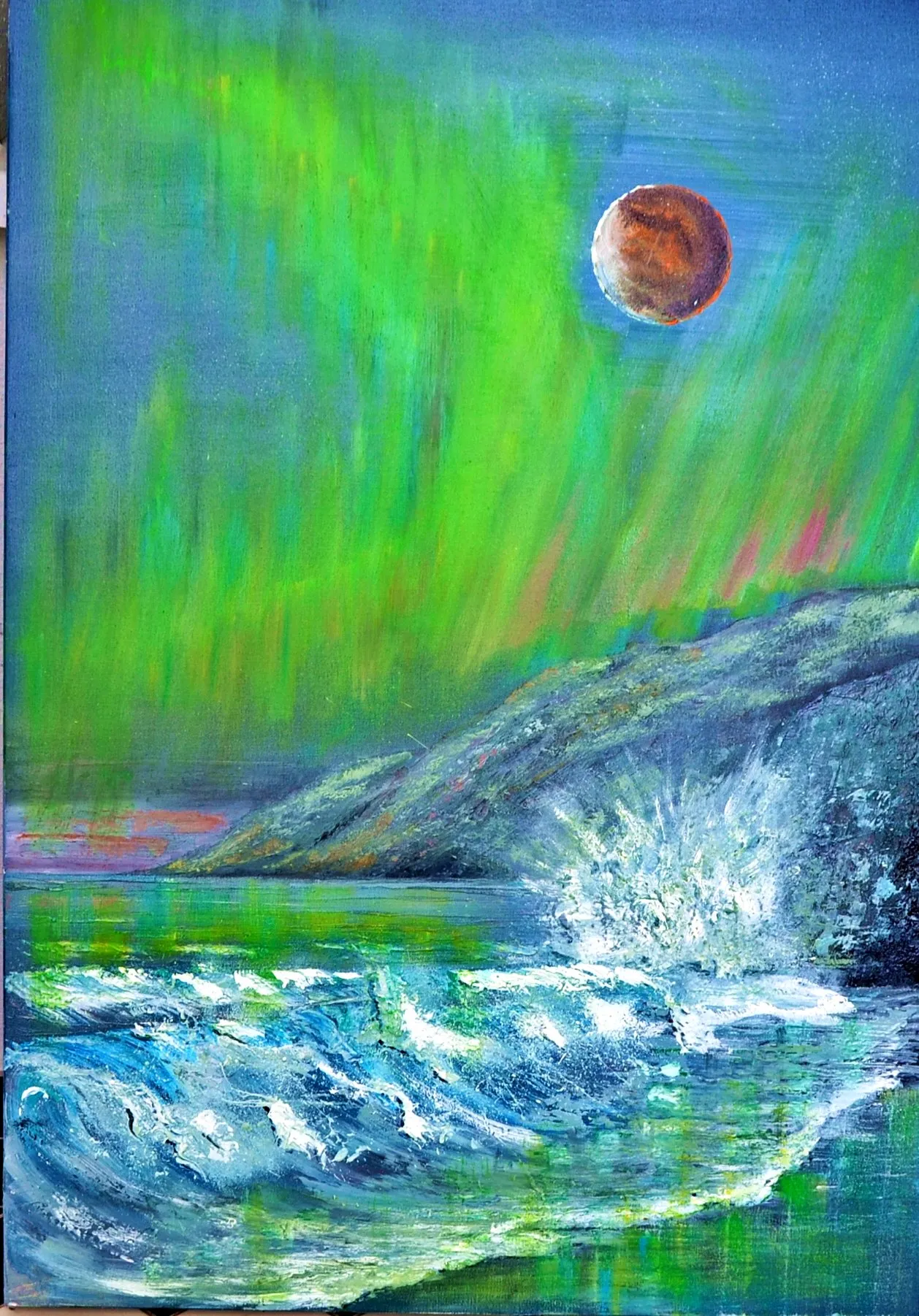 Northern Lights and Blood Red Moon · 2023 · 70×102 cm
