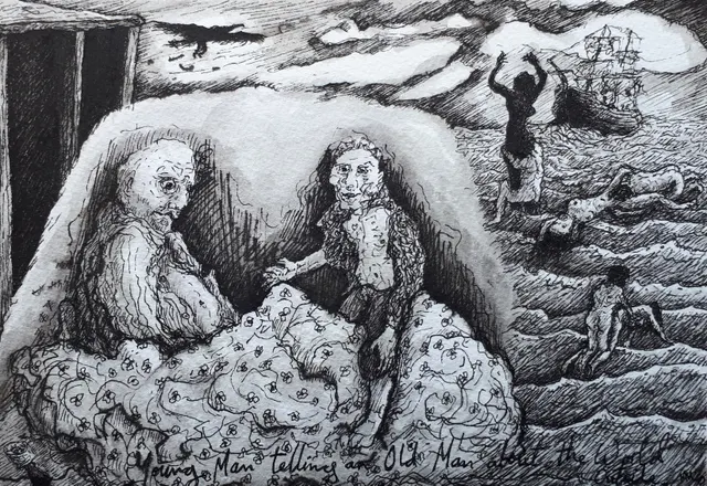 Young Man Telling An Old Man About The World Outside