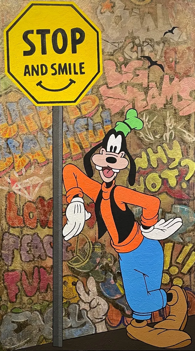 Stop and Smile. Contemporary art acrylic painting on canvas, graffiti, pop art, street art style