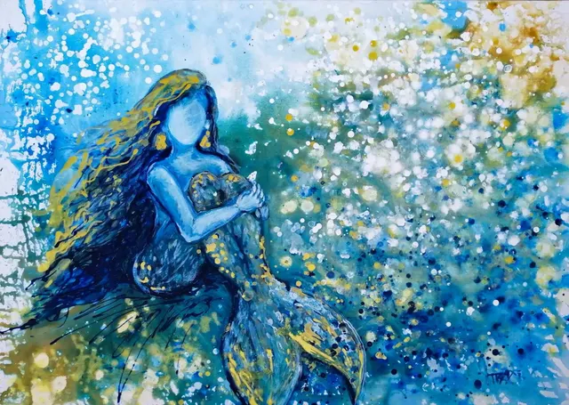 Sea Foam Dreams | Golden Mermaid Blue Abstract Painting