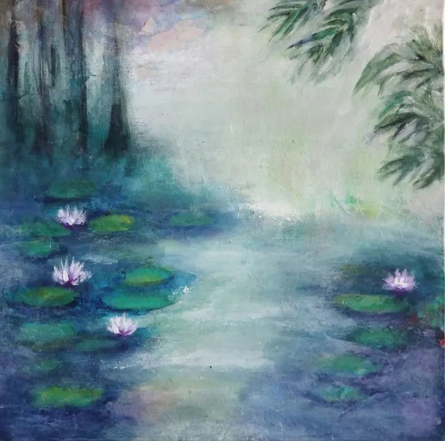 Serenity Amidst the Jungle - Acrylic Painting of a Water Lily Pond