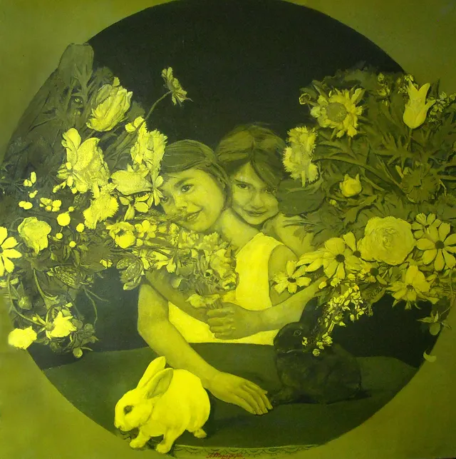 Yellow. Children with Rabbits
