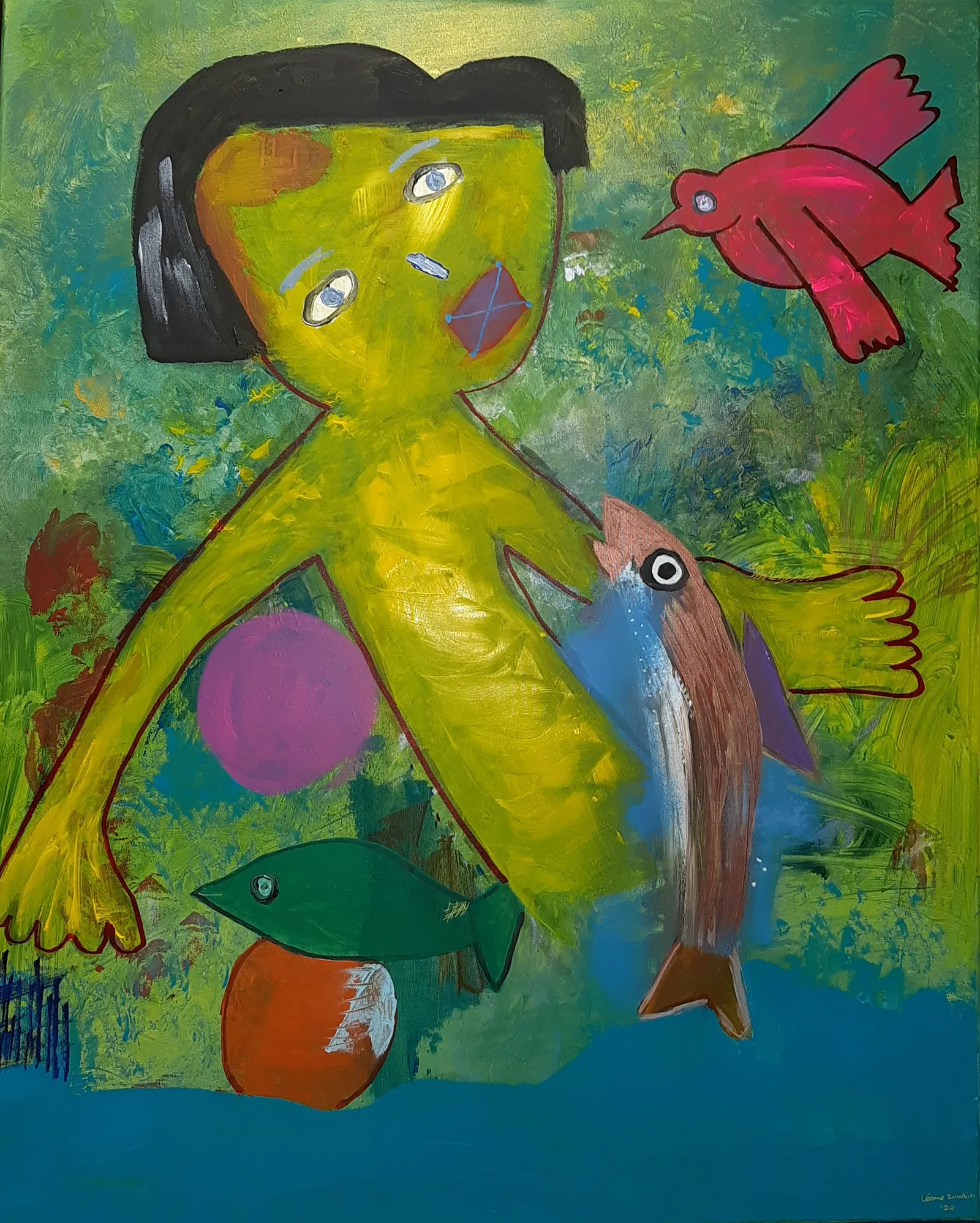Woman rescuing fish · 2020 · 80×100 cm