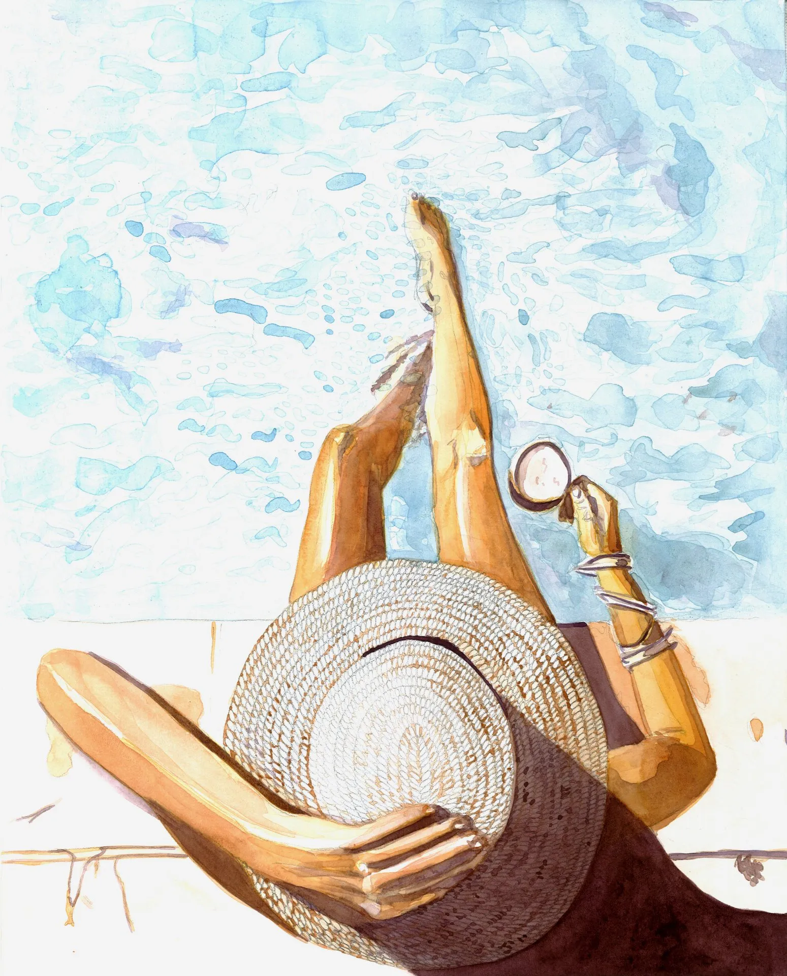 Lady in hat drinking coffee in swimming pool · 2022 · 29×42 cm