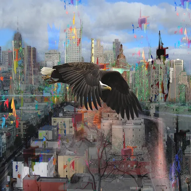 Cityscape with distrustful bird