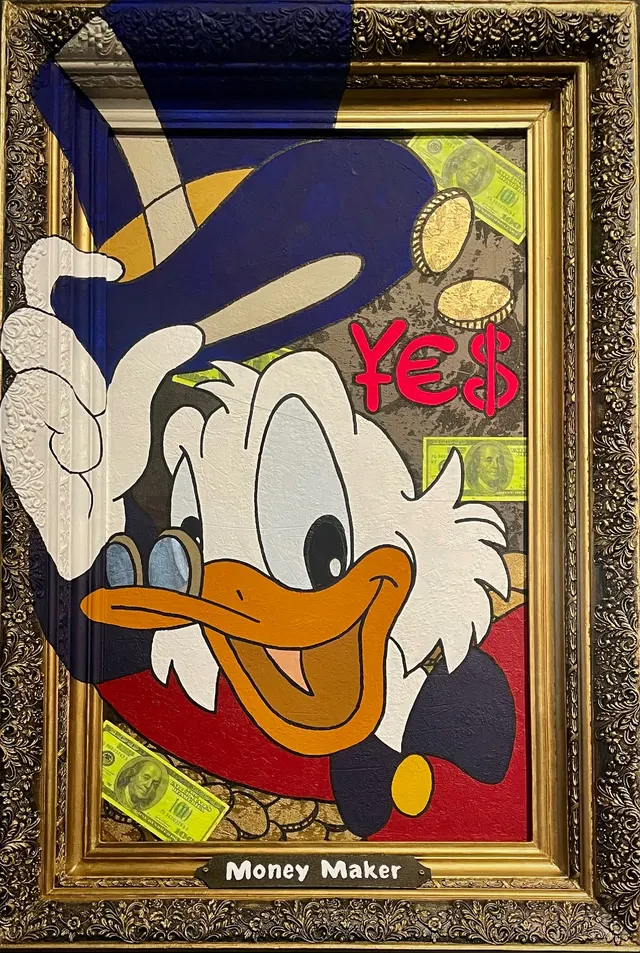 Scrooge McDuck disney $. Contemporary art acrylic painting on canvas, graffiti, pop art, street art style