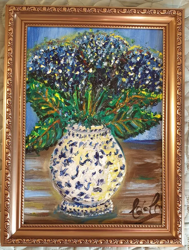EMANUEL. 'Ming And The Blue Hydrangeas', Impression Expressed in Vibrant Blues.