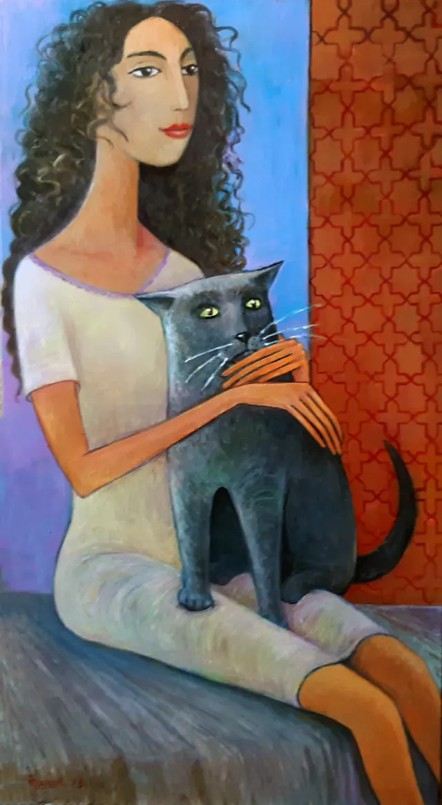 .Girl with a cat 2025year 90X50cm Original painting Oil on canvas 7500$