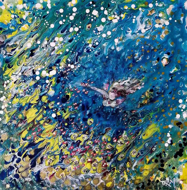 Abstract Underwater Woman Ocean Blue Marine Painting