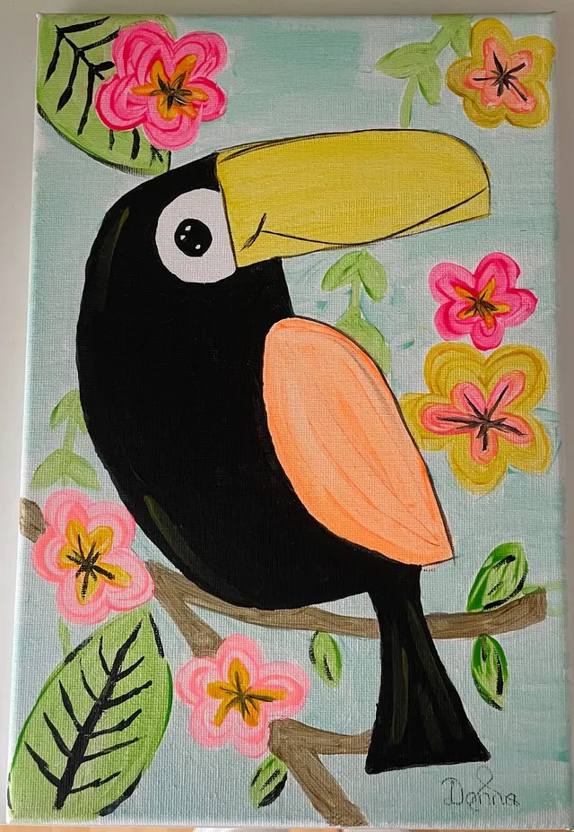 Toekan op een tak met bloemen | Kleurrijk schilderij dieren