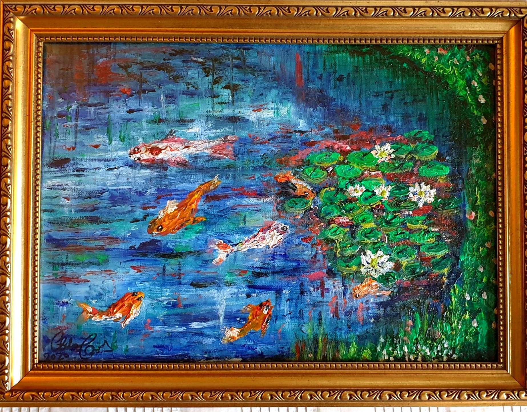 EMANUEL. 'étang très timide' The Tranquil Repose, Waterlilies and Karp Original.