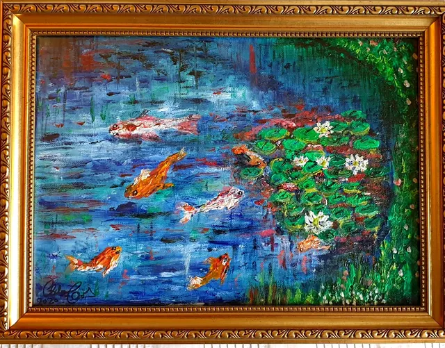EMANUEL. 'étang très timide' The Tranquil Repose, Waterlilies and Karp Original.