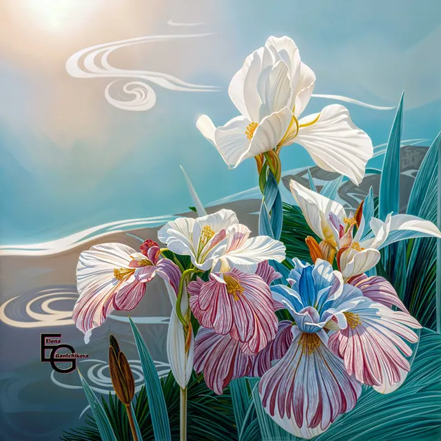 Pastel Blue & Blush Japonisme Iris — Synesthetic Serene Waves | Modern Art Nouveau & Chinoiserie | Luxury Floral & Jewelry Art — Architectural Square Statement, 40" x 40" in / 100 x 100 cm | Ed. 1/3