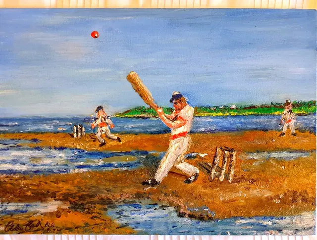 EMANUEL (The Solent Scene) Cricket At Bramble Bank, Original Oil on Canvus.