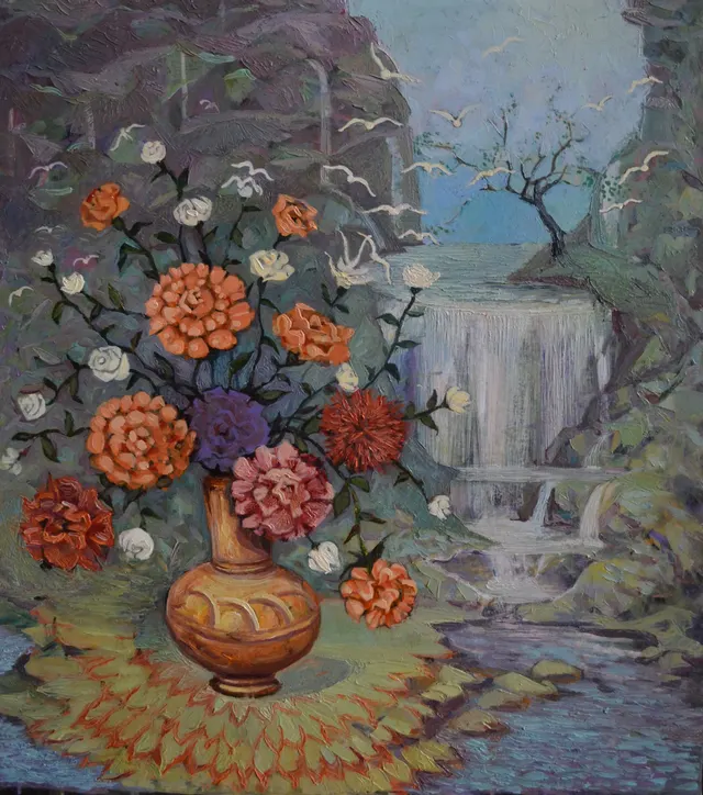 Still life on the background of a waterfall.