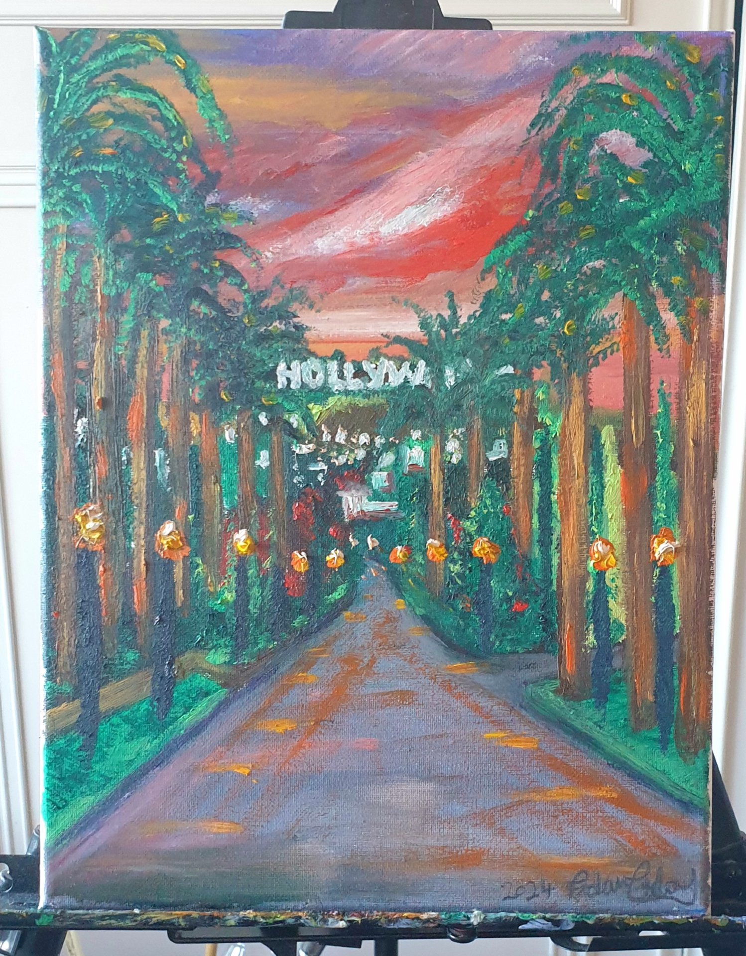 Dusk OVER HOLLYWOOD!, Orig Oil On Canvus From The Emanuel Collection.. By International Artist A Emanuel.