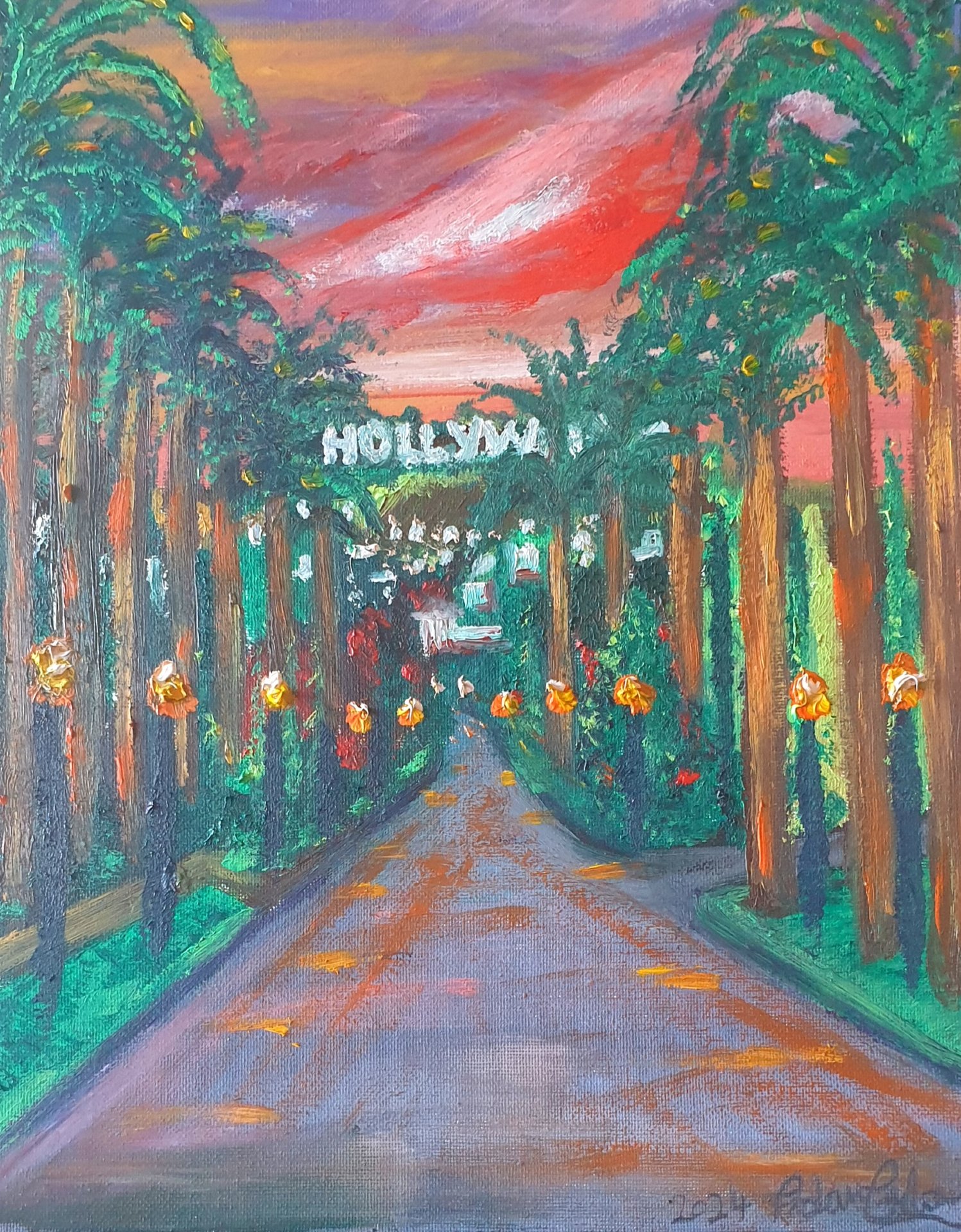 Dusk OVER HOLLYWOOD!, Orig Oil On Canvus From The Emanuel Collection.. By International Artist A Emanuel.