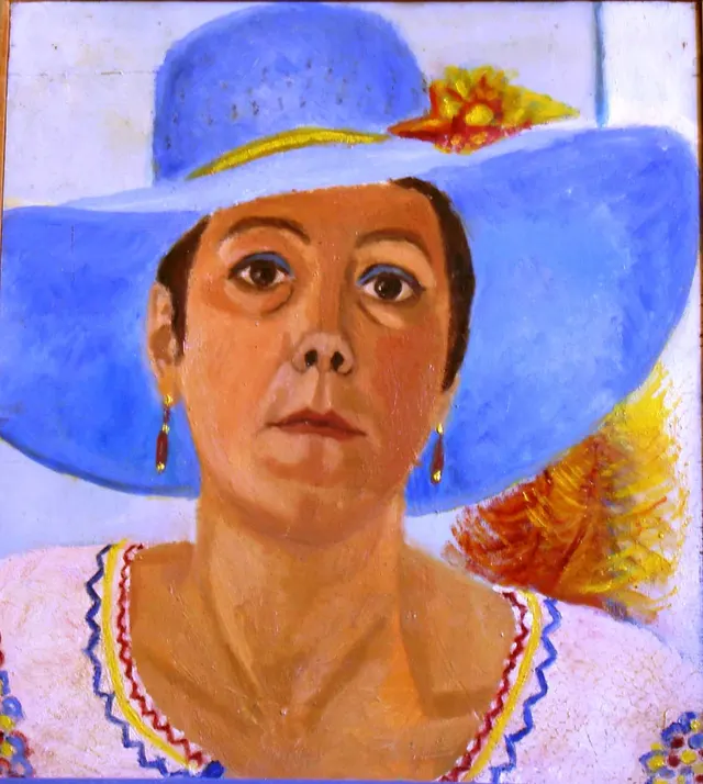 zelfportret met blauwe hoed